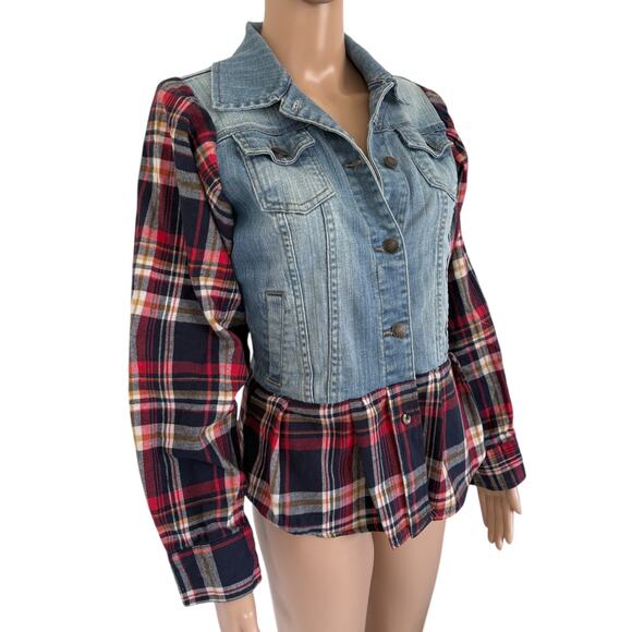 Upcycled Denim Plaid Jacket Star Patch Grunge Western Boho Fall Layer S Rustic - Picture 3 of 7